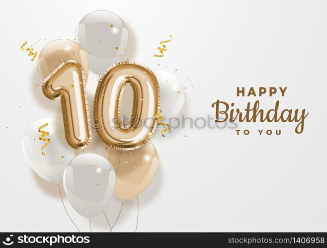 Happy 10th birthday gold foil balloon greeting background. 10 years anniversary logo template- 10th celebrating with confetti. Vector stock.