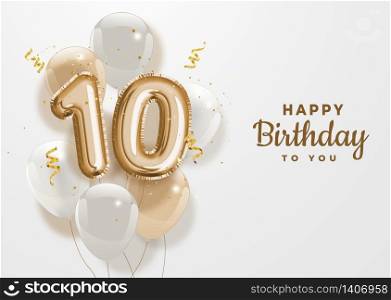Happy 10th birthday gold foil balloon greeting background. 10 years anniversary logo template- 10th celebrating with confetti. Vector stock.