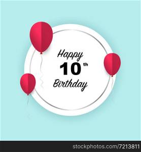 Happy 10th birthday, vector illustration greeting silver round banner card with red papercut balloons