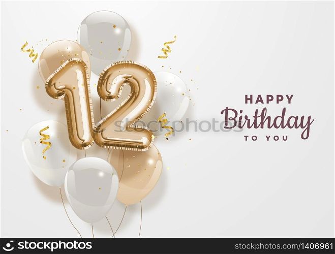 Happy 12th birthday gold foil balloon greeting background. 12 years anniversary logo template- 12th celebrating with confetti. Vector stock.