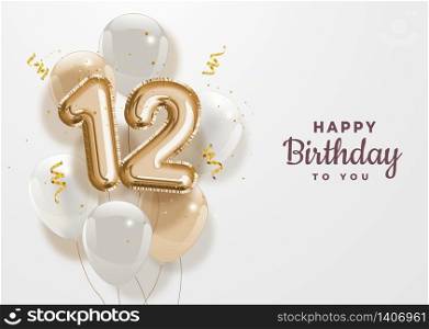 Happy 12th birthday gold foil balloon greeting background. 12 years anniversary logo template- 12th celebrating with confetti. Vector stock.