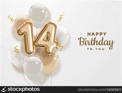 Happy 14th birthday gold foil balloon greeting background. 14 years anniversary logo template- 14th celebrating with confetti. Vector stock.