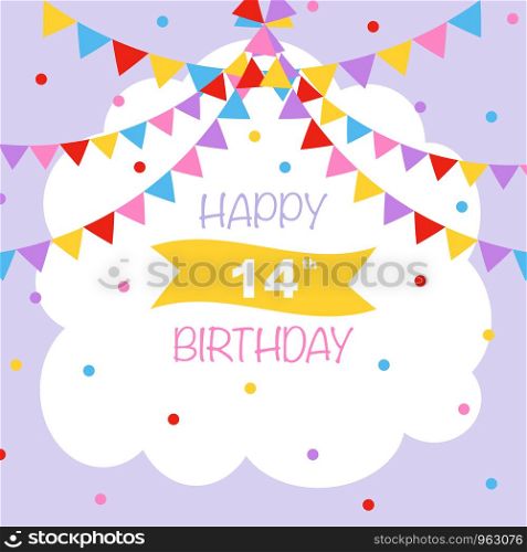 Happy 14th birthday, vector illustration greeting card with confetti and garlands decorations