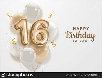 Happy 16th birthday gold foil balloon greeting background. 16 years anniversary logo template- 16th celebrating with confetti. Vector stock.