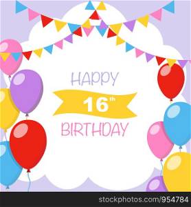 Happy 16th birthday, vector illustration greeting card with balloons and garlands decorations