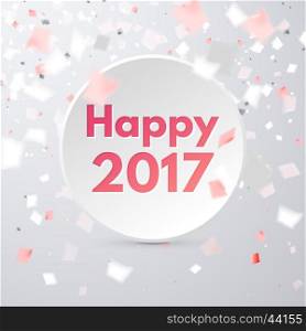 Happy 2017 holiday banner in calm clean colors with flying red and white confetti, some are out of focus