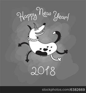 Happy 2018 New Year card. Funny puppy congratulates on holiday. Dog Chinese zodiac symbol of the year.. Happy 2018 New Year card. Funny puppy congratulates on holiday. Dog Chinese zodiac symbol of the year. Vector illustration.