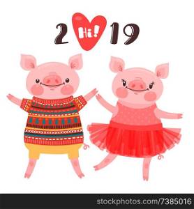 Happy 2019 New Year card. Couple of funny piglets congratulate on the holiday. Pig in ballet tutu and boar in sweater. Pig Chinese zodiac symbol of the year. Vector illustration in cartoon style.. Happy 2019 New Year card. Couple of funny piglets congratulate on the holiday. Pig in ballet tutu and boar in sweater. Pig Chinese zodiac symbol of the year. Vector illustration in cartoon style