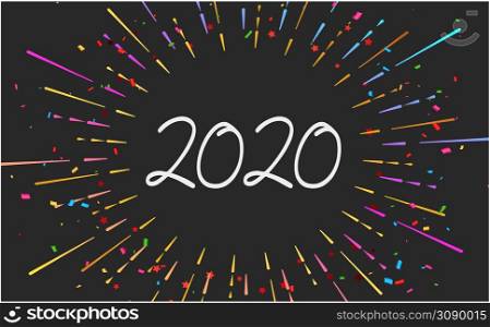 Happy 2020 new year fireworks banner on black background for your seasonal holiday flyers, Christmas themed congratulations and cards. Vector illustration.. Happy 2020 new year fireworks banner on black background for your seasonal holiday flyers, Christmas themed congratulations and cards.