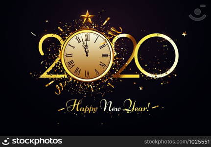 Happy 2020 New Year. Party countdown clock with golden sparks confetti, gold year number and watch face. Christmas luxury poster, Xmas glitter invitation or greeting card vector illustration. Happy 2020 New Year. Party countdown clock with golden sparks confetti, gold year number and watch face vector illustration