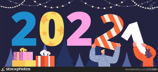 Happy 2022 new year. Decoration to holiday, people prepare to seasonal party. Winter invite or card, woman man with numbers utter vector banner. Illustration 2022 year decoration and greeting holiday. Happy 2022 new year. Decoration to holiday, people prepare to seasonal party. Winter invite or card, woman man with numbers utter vector banner