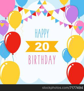 Happy 20th birthday, vector illustration greeting card with balloons and garlands decoration