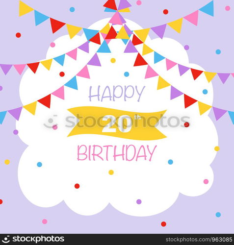 Happy 20th birthday, vector illustration greeting card with confetti and garlands decorations