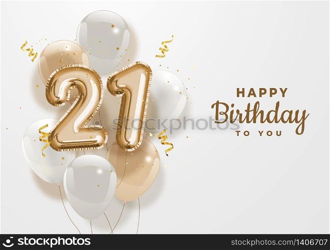 Happy 21th birthday gold foil balloon greeting background. 21 years anniversary logo template- 21th celebrating with confetti. Vector stock.