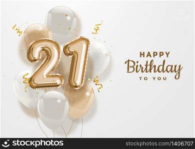 Happy 21th birthday gold foil balloon greeting background. 21 years anniversary logo template- 21th celebrating with confetti. Vector stock.