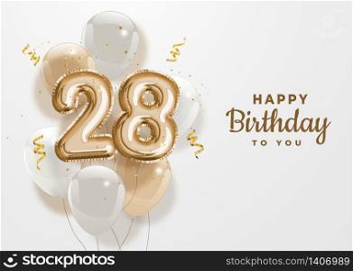 Happy 28th birthday gold foil balloon greeting background. 28 years anniversary logo template- 28th celebrating with confetti. Vector stock.