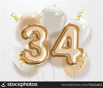 Happy 34th birthday gold foil balloon greeting background. 34 years anniversary logo template- 34th celebrating with confetti. Vector stock.