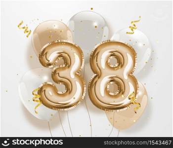 Happy 38th birthday gold foil balloon greeting background. 38 years anniversary logo template- 38th celebrating with confetti. Vector stock.