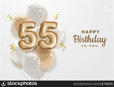 Happy 55th birthday gold foil balloon greeting background. 55 years anniversary logo template- 55th celebrating with confetti. Vector stock.