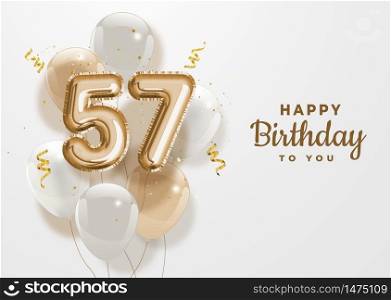 Happy 57th birthday gold foil balloon greeting background. 57 years anniversary logo template- 57th celebrating with confetti. Vector stock.