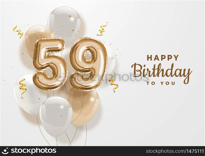 Happy 59th birthday gold foil balloon greeting background. 59 years anniversary logo template- 59th celebrating with confetti. Vector stock