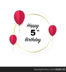 Happy 5th birthday, vector illustration greeting golden banner card with red papercut balloons