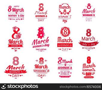 Happy 8 March women day posters set. Love spring holiday. Best wishes for mothers, adorable daughters, lovely sisters. Vector set of logotypes and stickers for international holiday celebration. Happy 8 March Women Day Posters Set. Love Spring