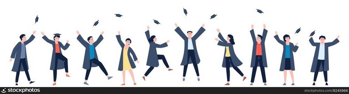 Happy academy graduate students. Laughing young university characters, future professionals graduation. Congratulations ceremony vector recent scene of celebrate and graduating illustration. Happy academy graduate students. Laughing young university characters, future professionals graduation. Congratulations ceremony vector recent scene
