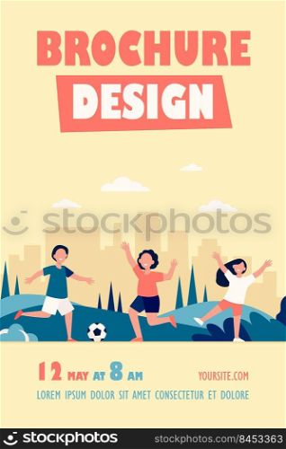 Happy active children playing football outdoors flat vector illustration. Cartoon child characters running with soccer ball. Sport game and playground concept