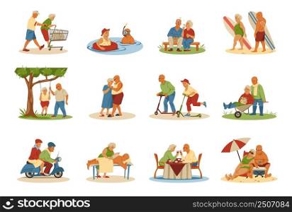 Happy active grandparents. Healthy old people hobby. Senior persons together activities. Pensioners leisure. Family surfing and doing massage. Vector grandmother and grandfather lifestyle scenes set. Happy active grandparents. Old people hobby. Senior persons activities. Pensioners leisure. Family surfing and doing massage. Vector grandmother and grandfather lifestyle scenes set