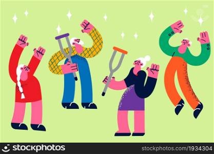 Happy active lifestyle of elderly concept. Group of mature old disabled people standing with crutches feeling happy jumping together vector illustration . Happy active lifestyle of elderly concept.