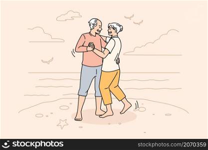 Happy active lifestyle of mature people concept. Smiling happy positive elderly couple man and woman standing dancing and enjoying weekend on beach vector illustration . Happy active lifestyle of mature people concept.