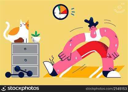Happy active toned man in sportswear exercise training at home on lockdown. Smiling sportive guy do sports workout with dumbbells on quarantine. Physical healthy activity. Vector illustration. . Active man do sports train on lockdown