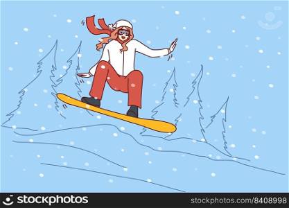 Happy active woman in outerwear snowboarding in mountains on holidays. Smiling girl enjoy winter physical activity. Sport and vacation. Vector illustration.. Happy woman snowboarding in mountains