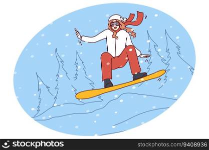 Happy active woman in outerwear snowboarding in mountains on holidays. Smiling girl enjoy winter physical activity. Sport and vacation. Vector illustration.. Happy woman snowboarding in mountains