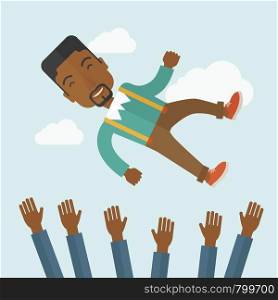 Happy african-ameircan businessman being throwing up to the sky by his teamwork or colleague. Happiness concept. A contemporary style with pastel palette soft blue tinted background with desaturated clouds. Vector flat design illustration. Square layout. . Happy african-american businessman.