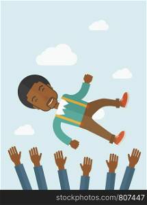 Happy african-ameircan businessman being throwing up to the sky by his teamwork or colleague. Happiness concept. A contemporary style with pastel palette soft blue tinted background with desaturated clouds. Vector flat design illustration. Vertical layout.. Happy african-american businessman.
