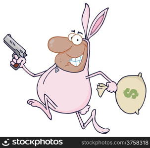Happy African American Bandit Running With Easter Rabbit Costume