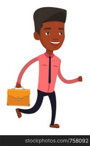 Happy african-american business man with briefcase in hand running. Business man running in a hurry. Smiling business man running forward. Vector flat design illustration isolated on white background.. Happy business man running vector illustration.