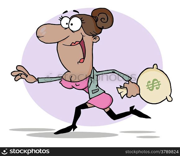 Happy African American Business Woman Running With The Money Bag