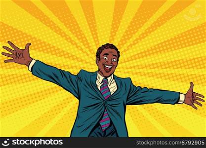 Happy African American businessman open hands for hugs, pop art retro vector illustration