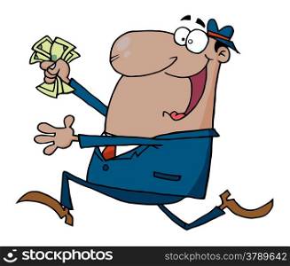 Happy African American Businessman Running With Dollars In Hand