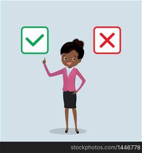 Happy african american businesswoman chooses green yes,color checkboxes selection,concept of right choice,successful female character,flat vector illustration