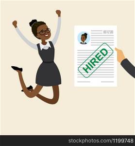 Happy african american businesswoman jumping,hand holding resume paper with stamp- hired,business success concept, Vector illustration