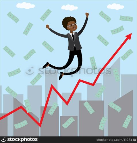 Happy african american businesswoman jumping over city buildings, growing graph and falling from the sky with money,flat vector illustration
