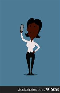 Happy african american businesswoman posing for selfie portrait with smartphone in hand, for technology or social media theme design. Businesswoman taking selfie with smartphone