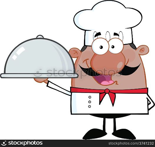 Happy African American Chef Cartoon Character Holding A Platter