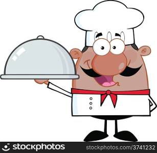 Happy African American Chef Cartoon Character Holding A Platter