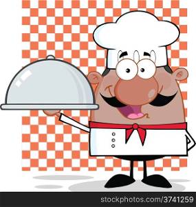 Happy African American Chef Character Holding A Platter