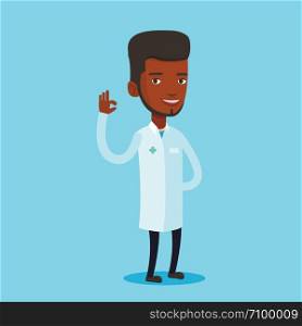 Happy african-american doctor in medical gown showing ok sign. Smiling doctor gesturing ok sign. Young male doctor with ok sign gesture. Vector flat design illustration. Square layout.. Doctor showing ok sign vector illustration.